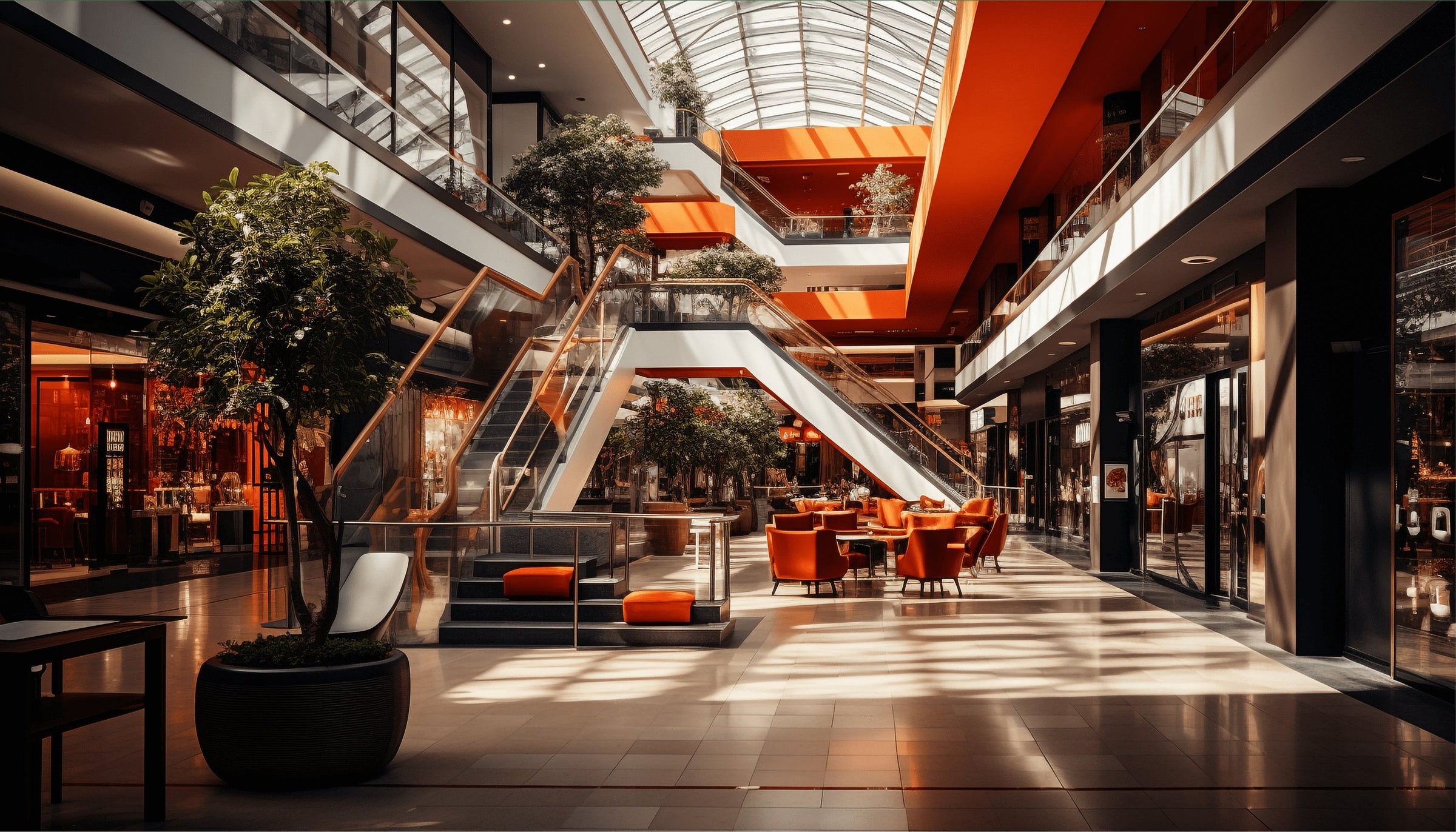 Softly lit empty luxurious shopping mall with two floors and an elegant stairwell