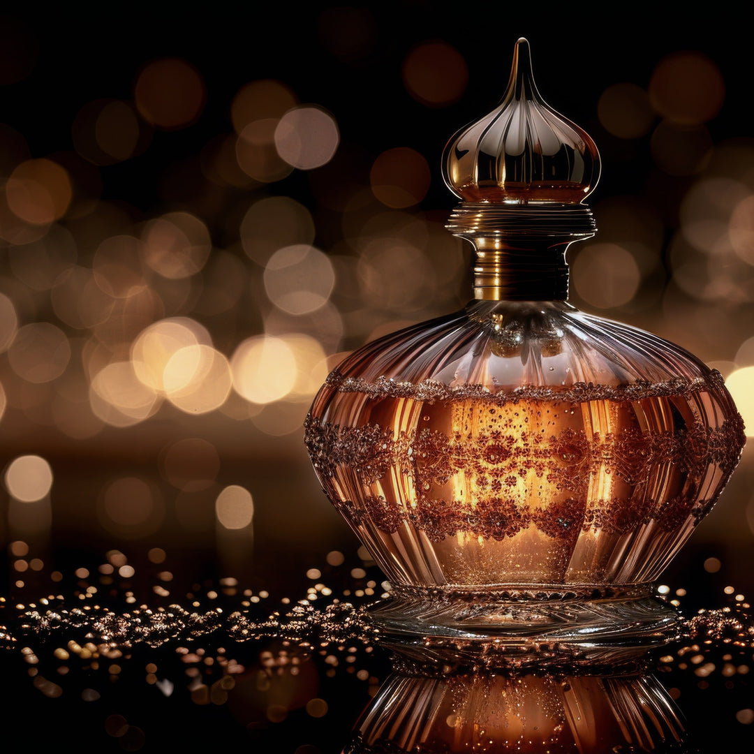 Perfume bottle in a moody lit close up with twinkling lights in the back ground