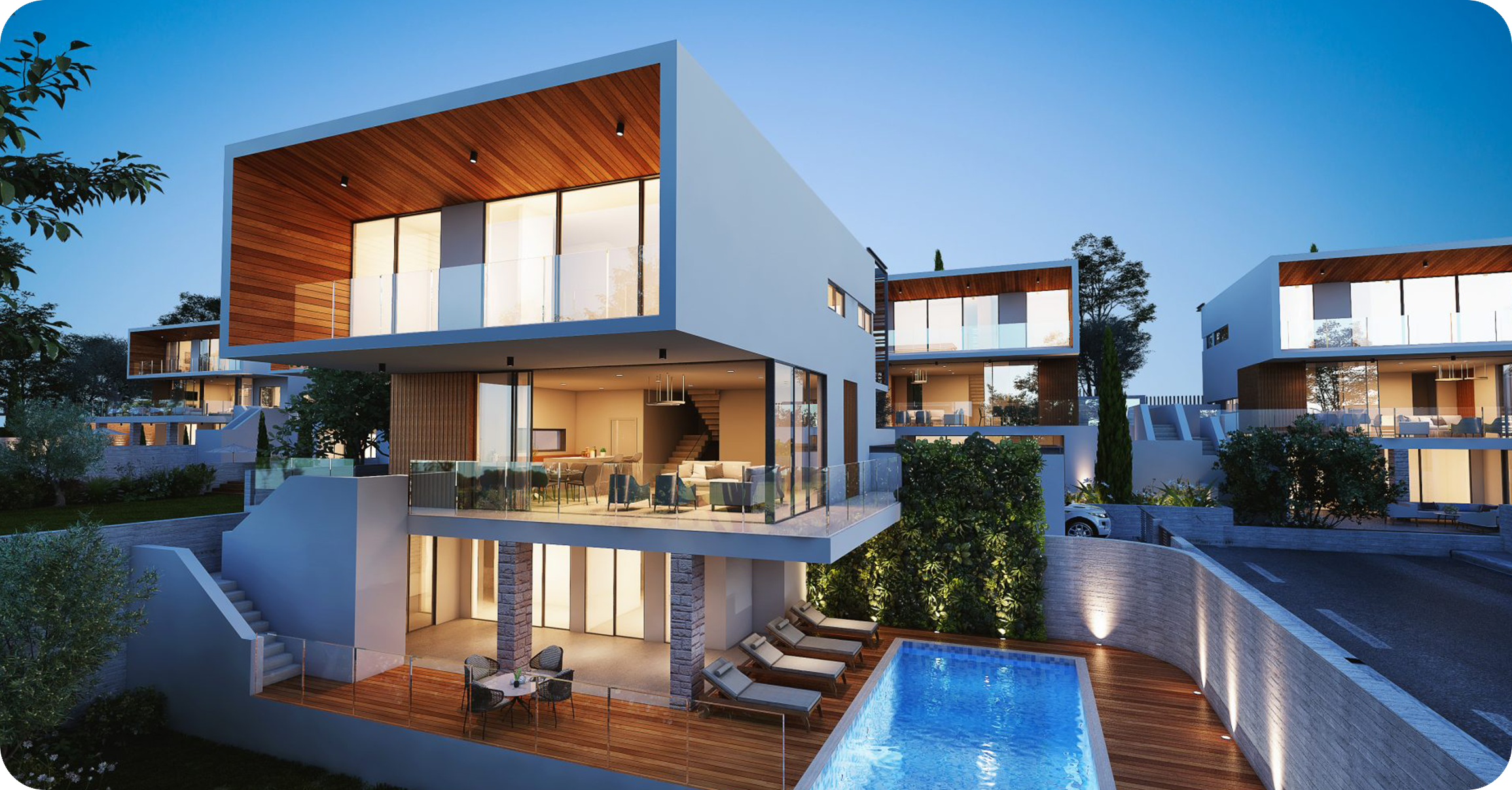 Luxury modern property with swimming pool at dusk