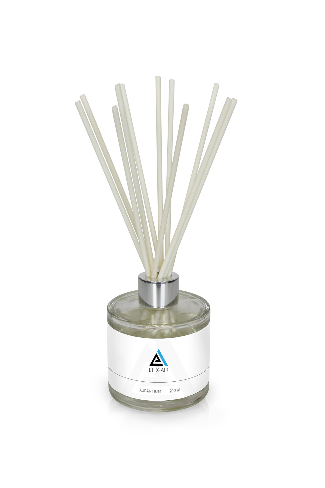 Reed Diffuser Bottle with reeds, a white label and white background
