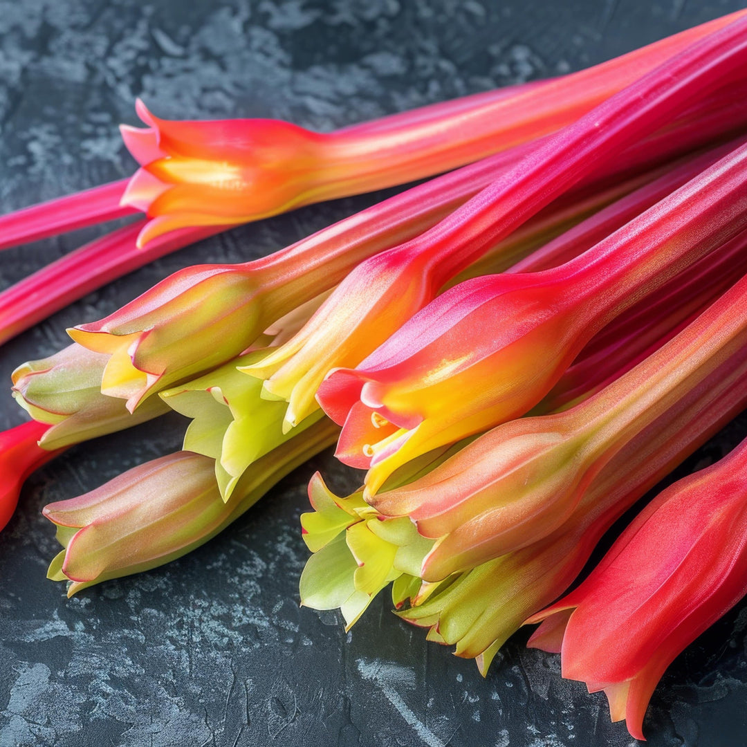 Cuts of colourful flowering Wild Rhubarb lay on a marble table top